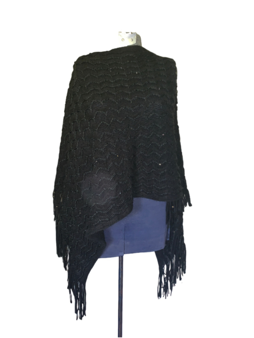 Women's Ardene Black Knit Poncho with Fringe, Size one size